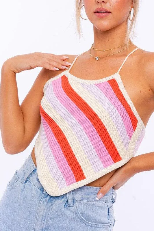 Sleeveless Knit Cropped Top Pink Or Blue Multi