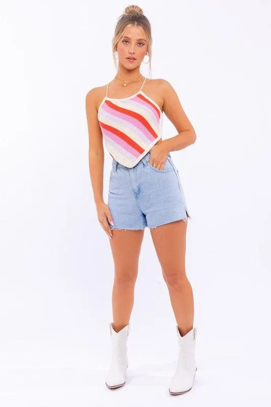 Sleeveless Knit Cropped Top Pink Or Blue Multi