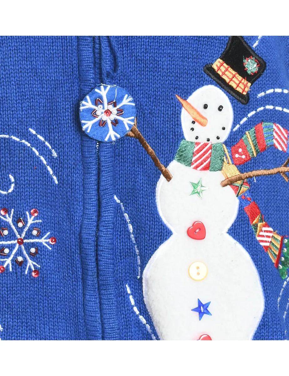 Snowman Design Blue Appliqued Knit Christmas Vest - L