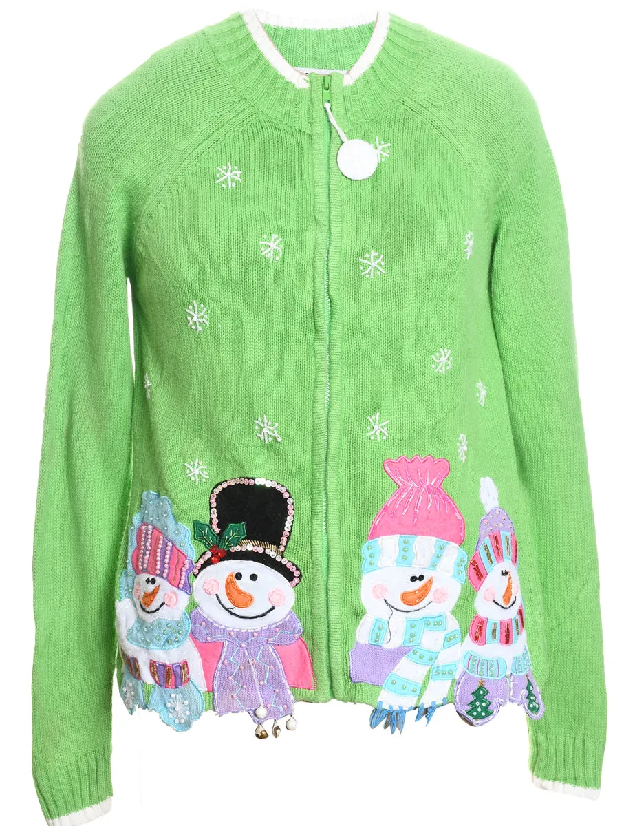 Snowman Design Green & Pink Christmas Cardigan - L