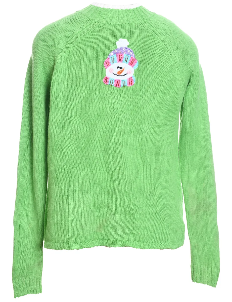 Snowman Design Green & Pink Christmas Cardigan - L