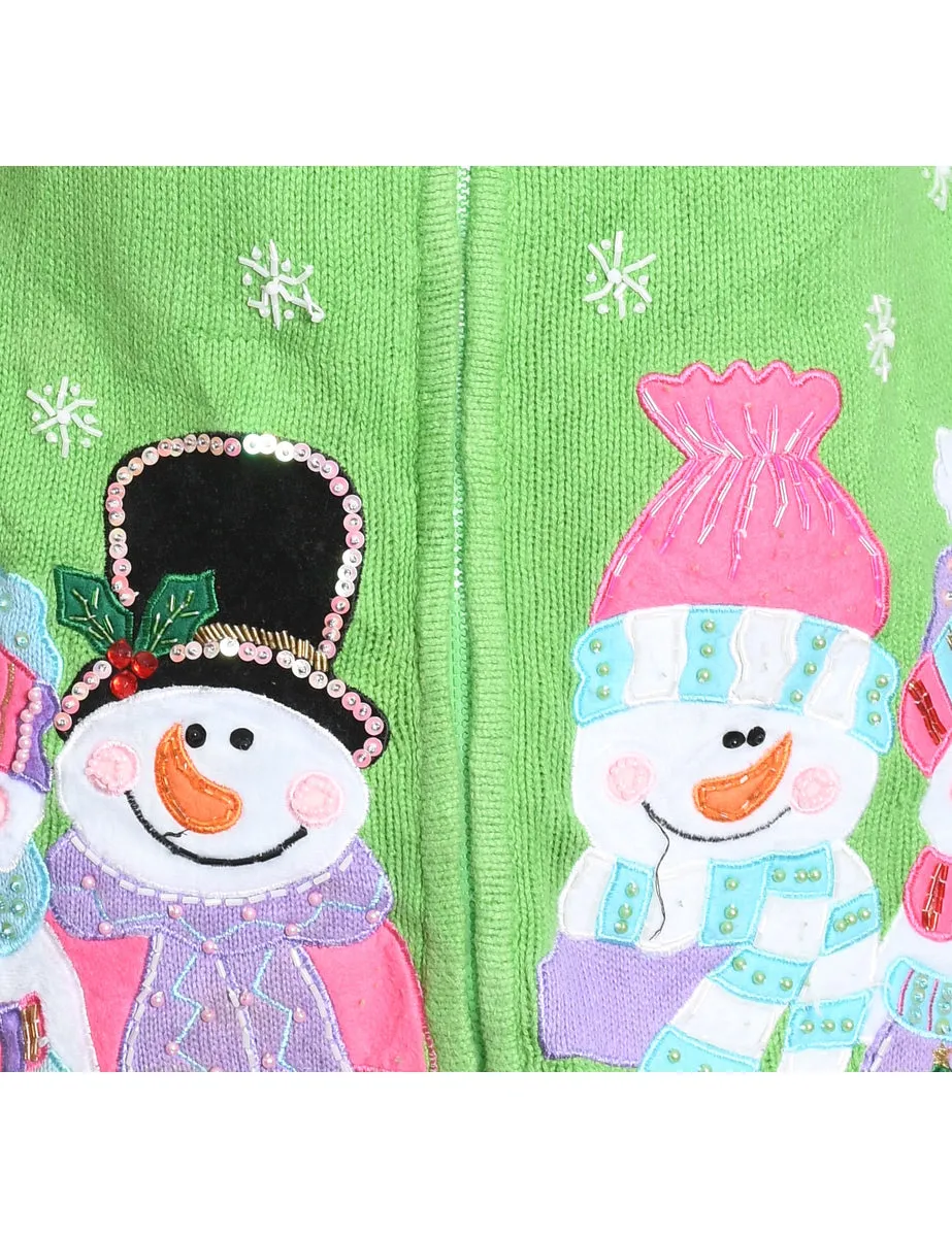 Snowman Design Green & Pink Christmas Cardigan - L