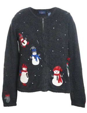 Snowman Design Grey Knit Christmas Cardigan - S