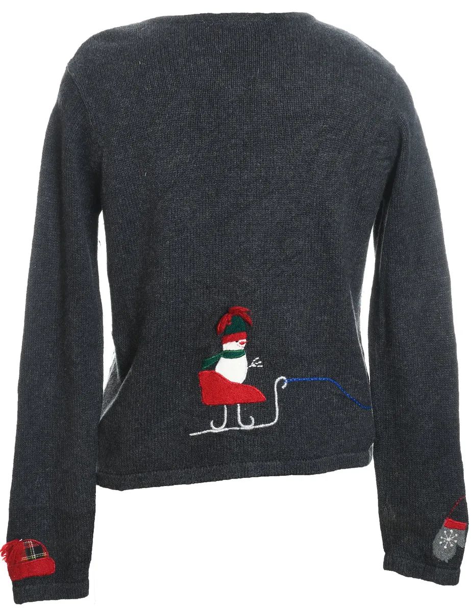 Snowman Design Grey Knit Christmas Cardigan - S