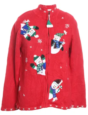 Snowman Design Knit Zip-Front Christmas Cardigan - L