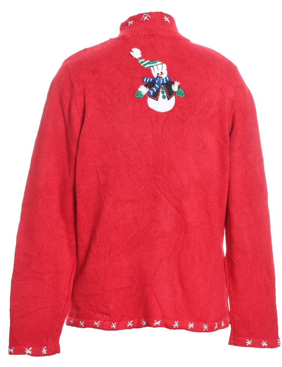 Snowman Design Knit Zip-Front Christmas Cardigan - L