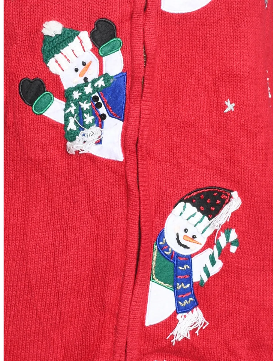 Snowman Design Knit Zip-Front Christmas Cardigan - L