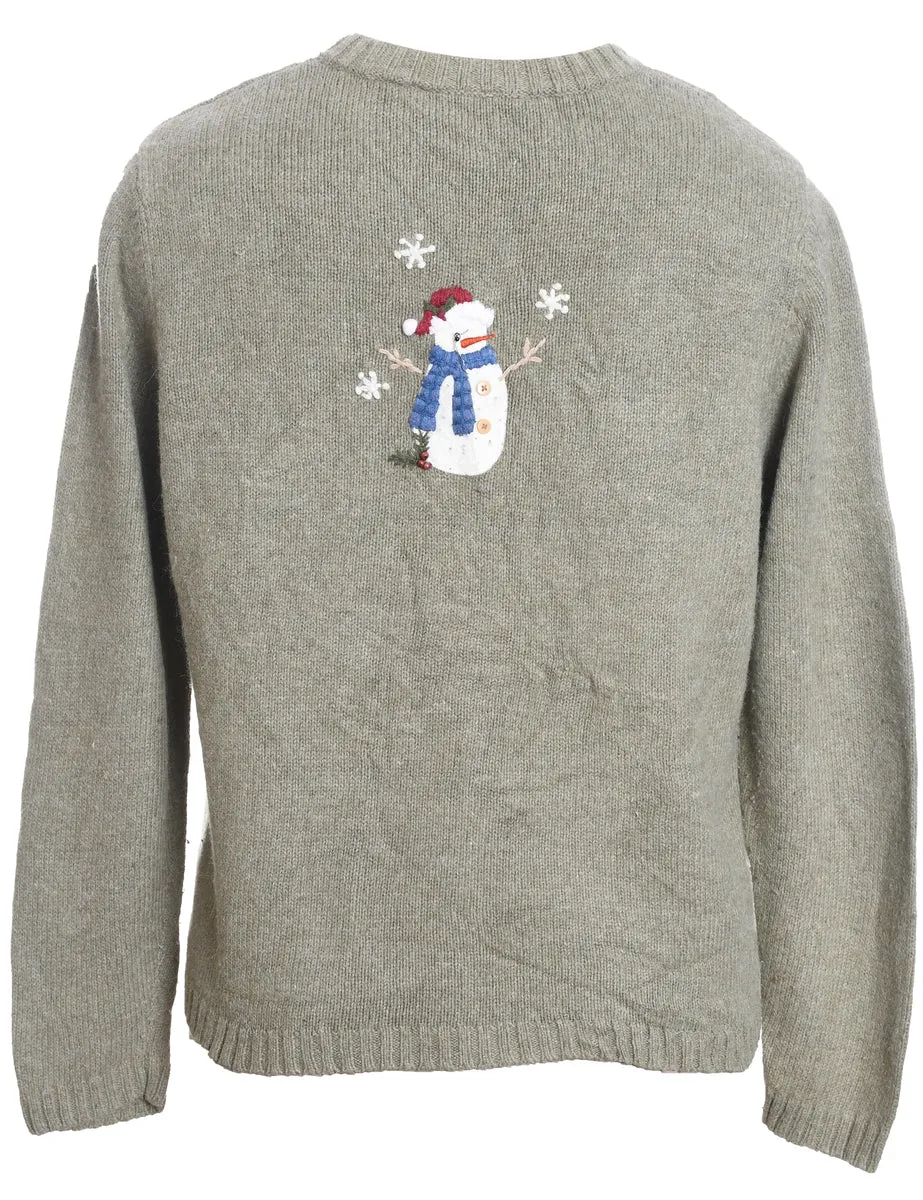 Snowman Design Light Grey Knit Zip-Front Christmas Cardigan - M