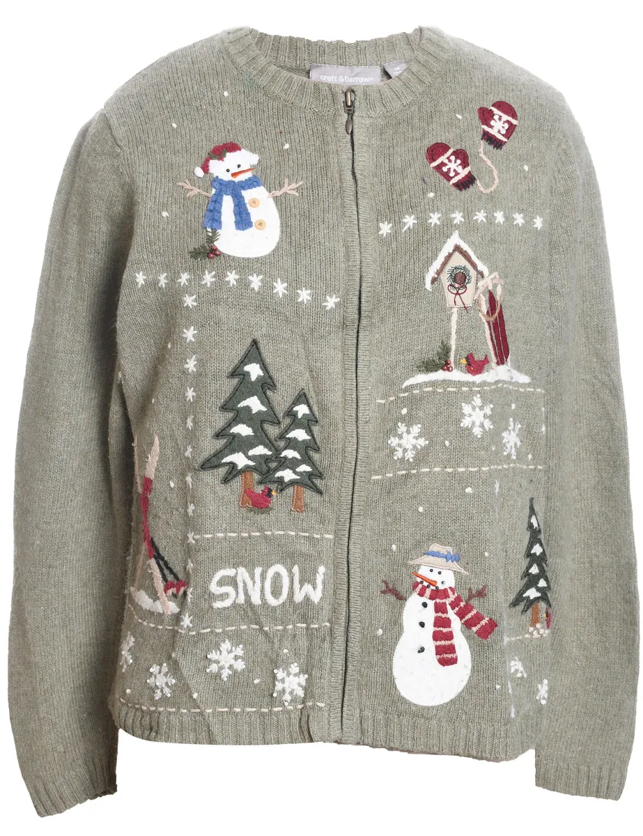 Snowman Design Light Grey Knit Zip-Front Christmas Cardigan - M