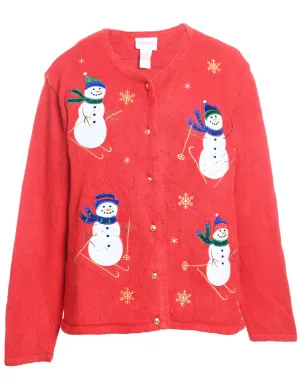 Snowman Design Red Appliqued Knit Christmas Cardigan - M