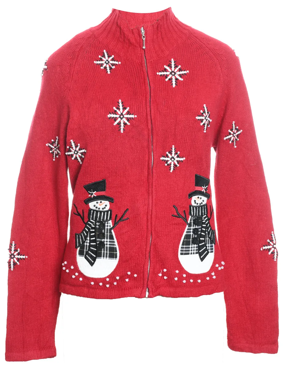 Snowman Design Zip-Front Knit Christmas Cardigan - S