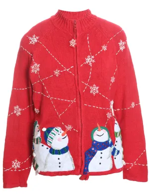 Snowman Red Zip-Front Knit Christmas Cardigan - L