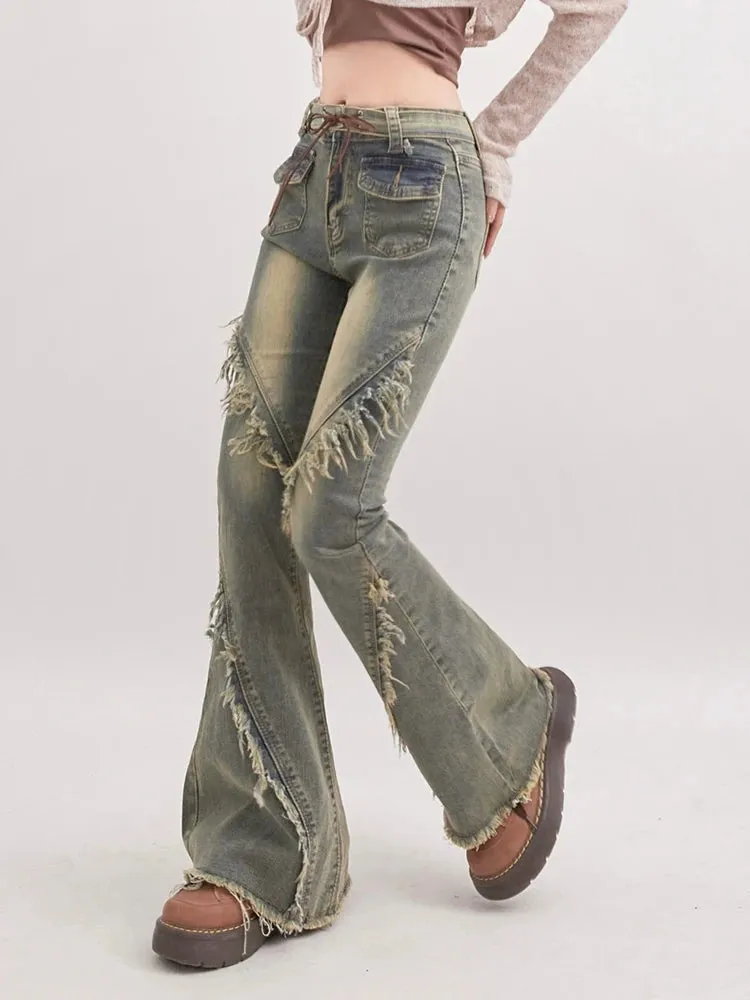 Soft Grunge Tasseled Flare Jeans