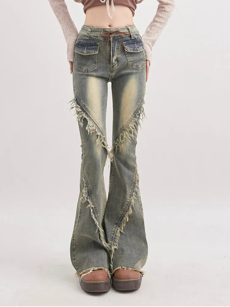 Soft Grunge Tasseled Flare Jeans