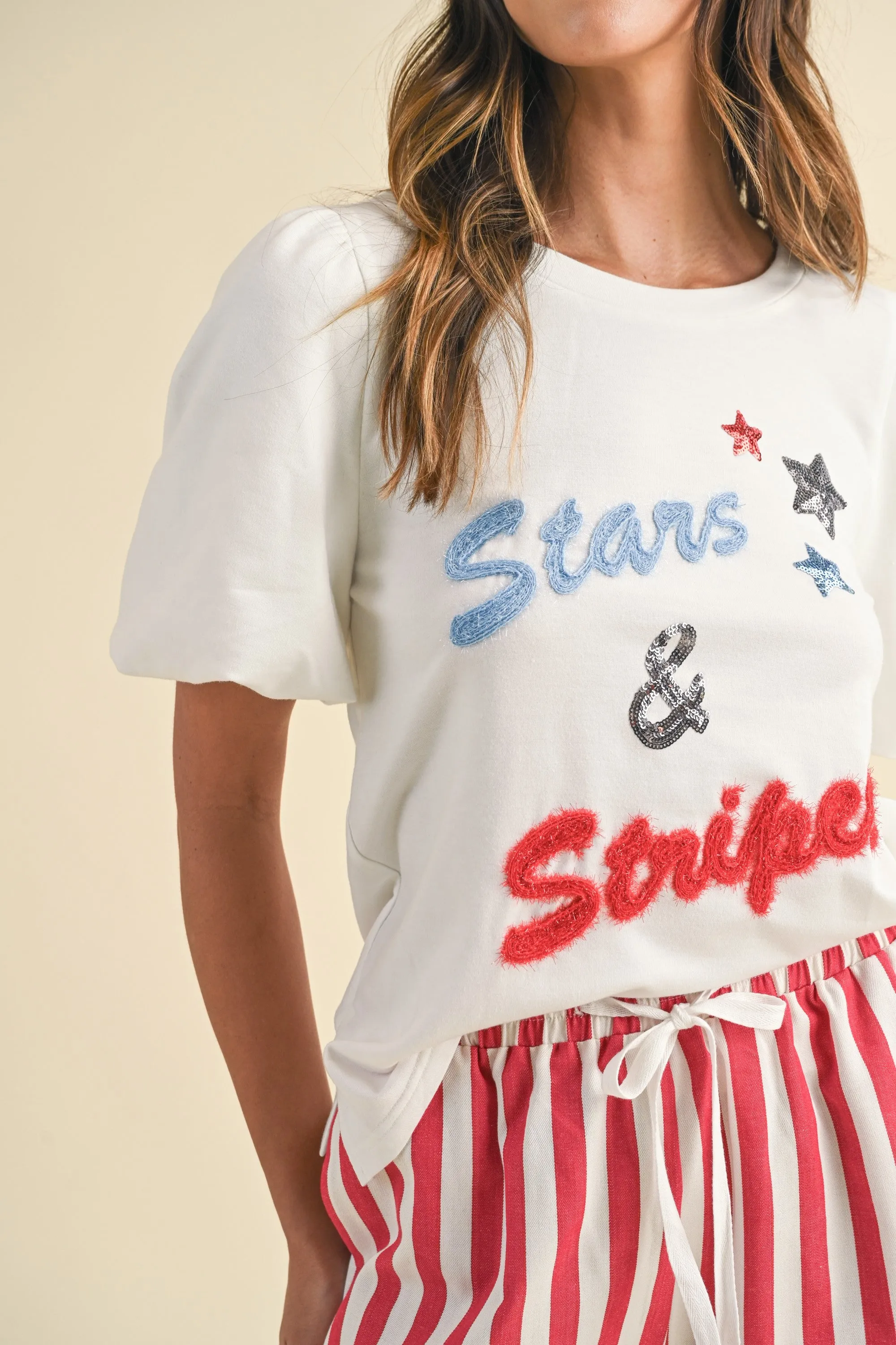 Stars & Stripes Bubble Sleeve Knit Top