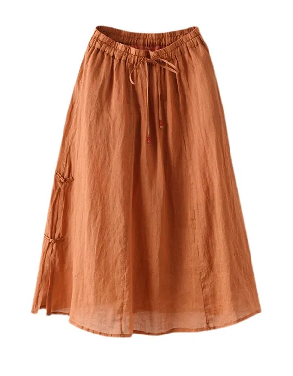 Summer Retro Buckle Split Ramie Skirt