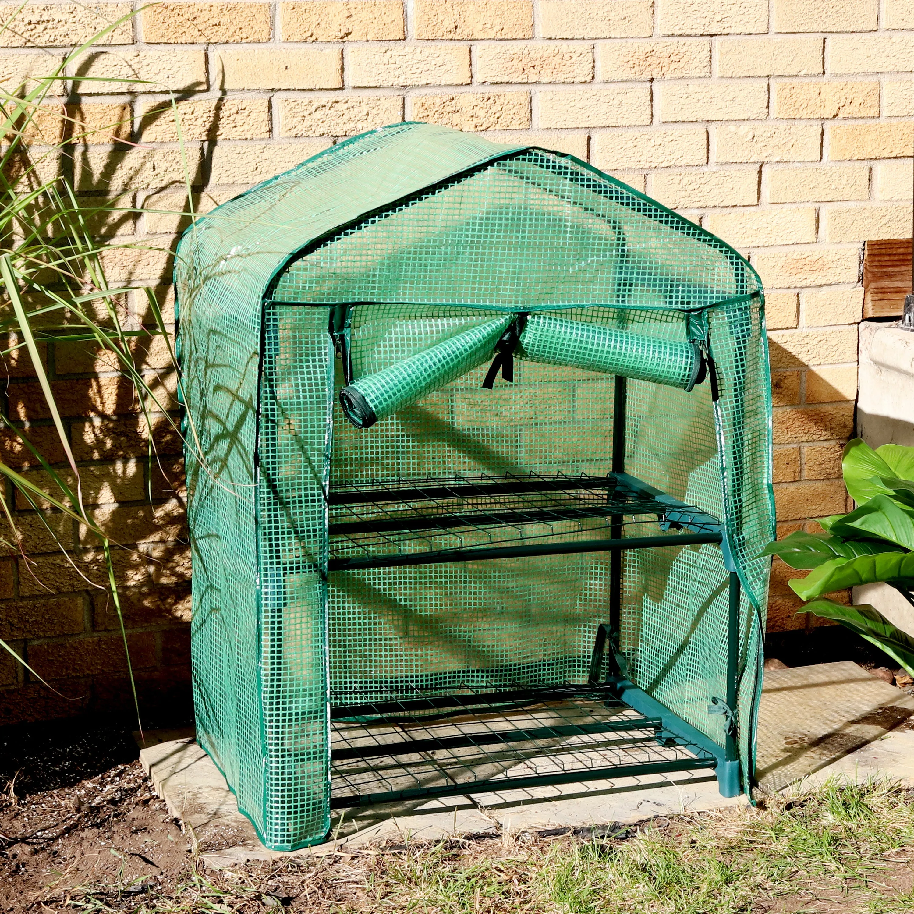 Sunnydaze Portable 2-Tier Mini Greenhouse for Outdoors - Green