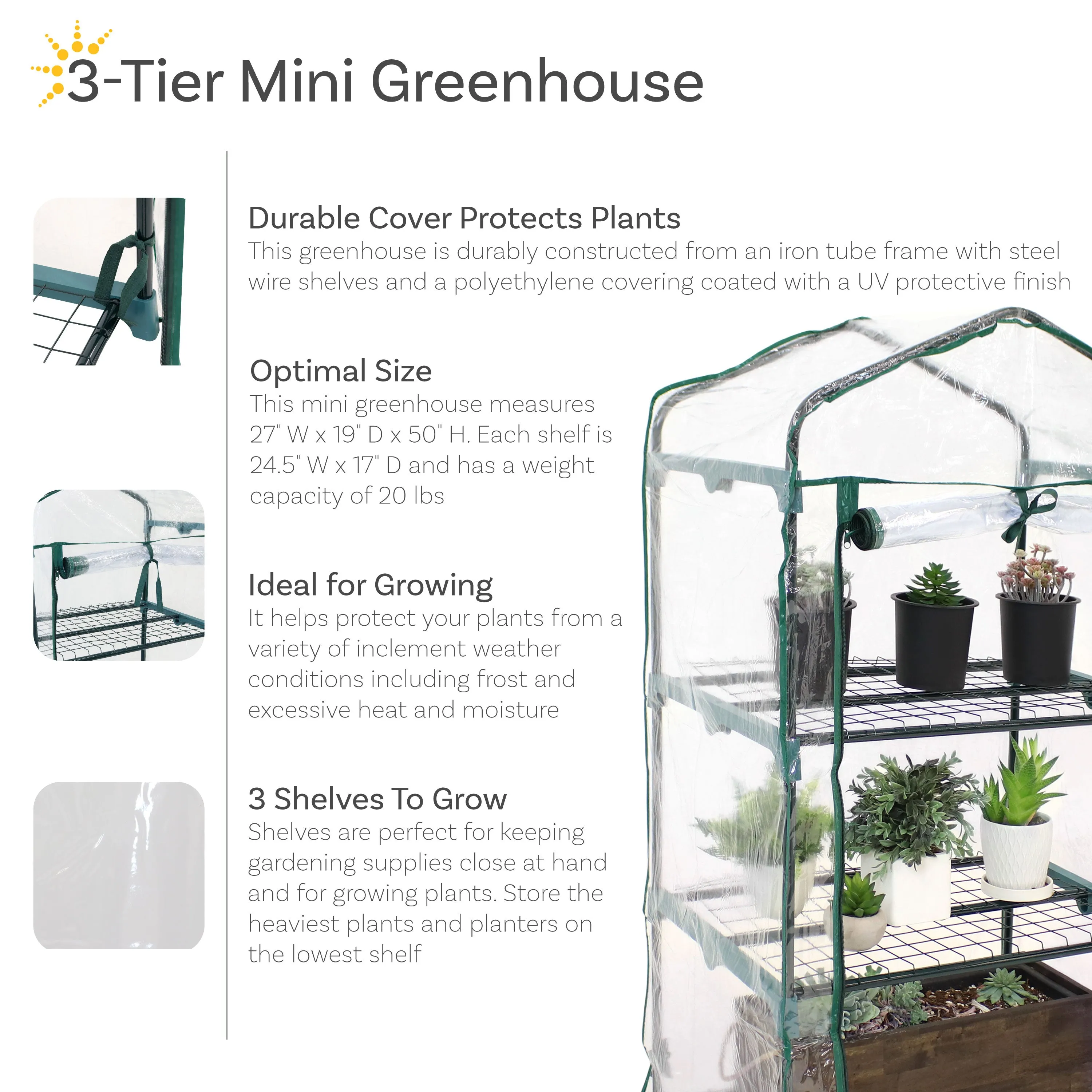 Sunnydaze Portable 3-Tier Mini Greenhouse for Outdoors - Clear