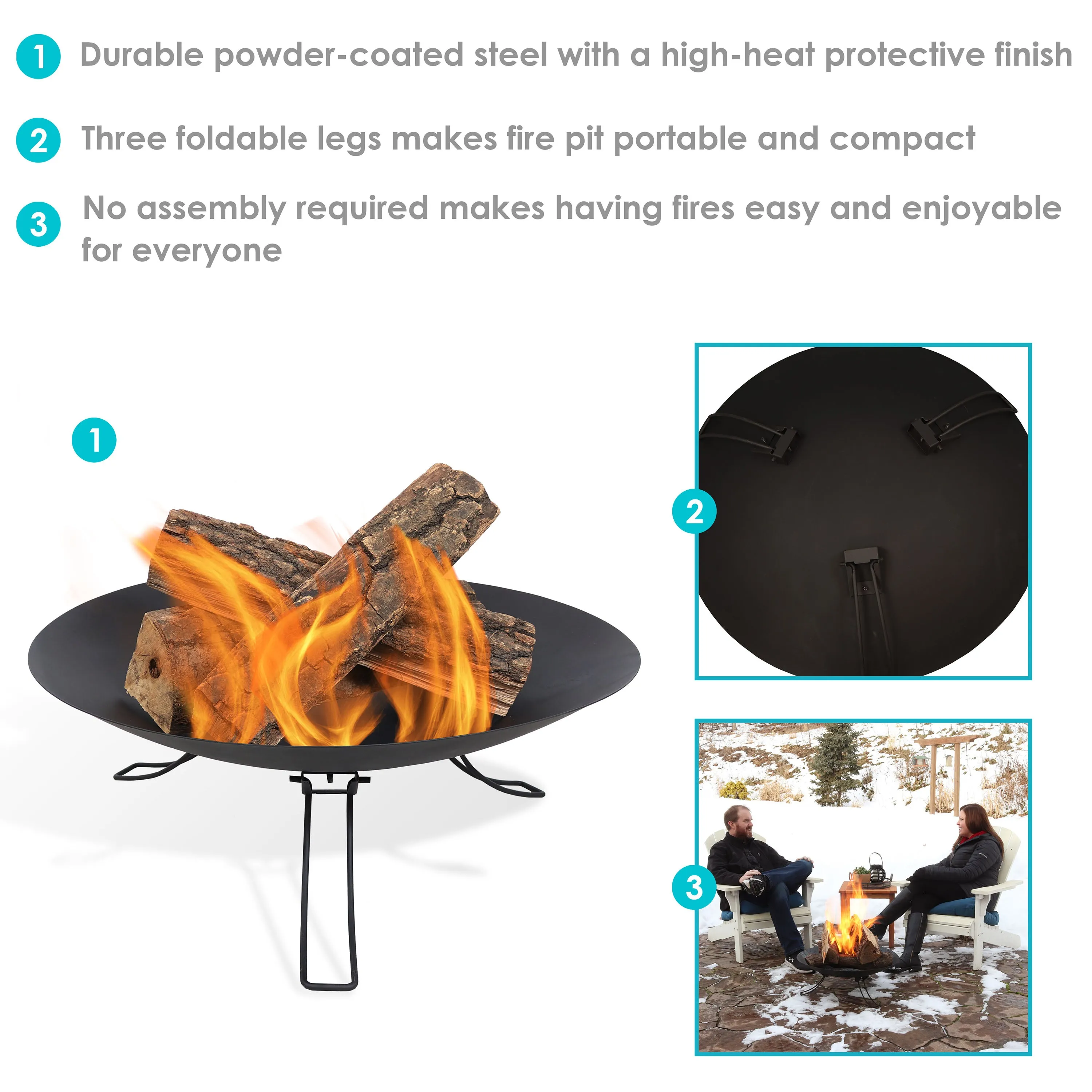 Sunnydaze Portable Folding Fire Pit - Classic Ebony 3-Legged Fire Bowl - 24"