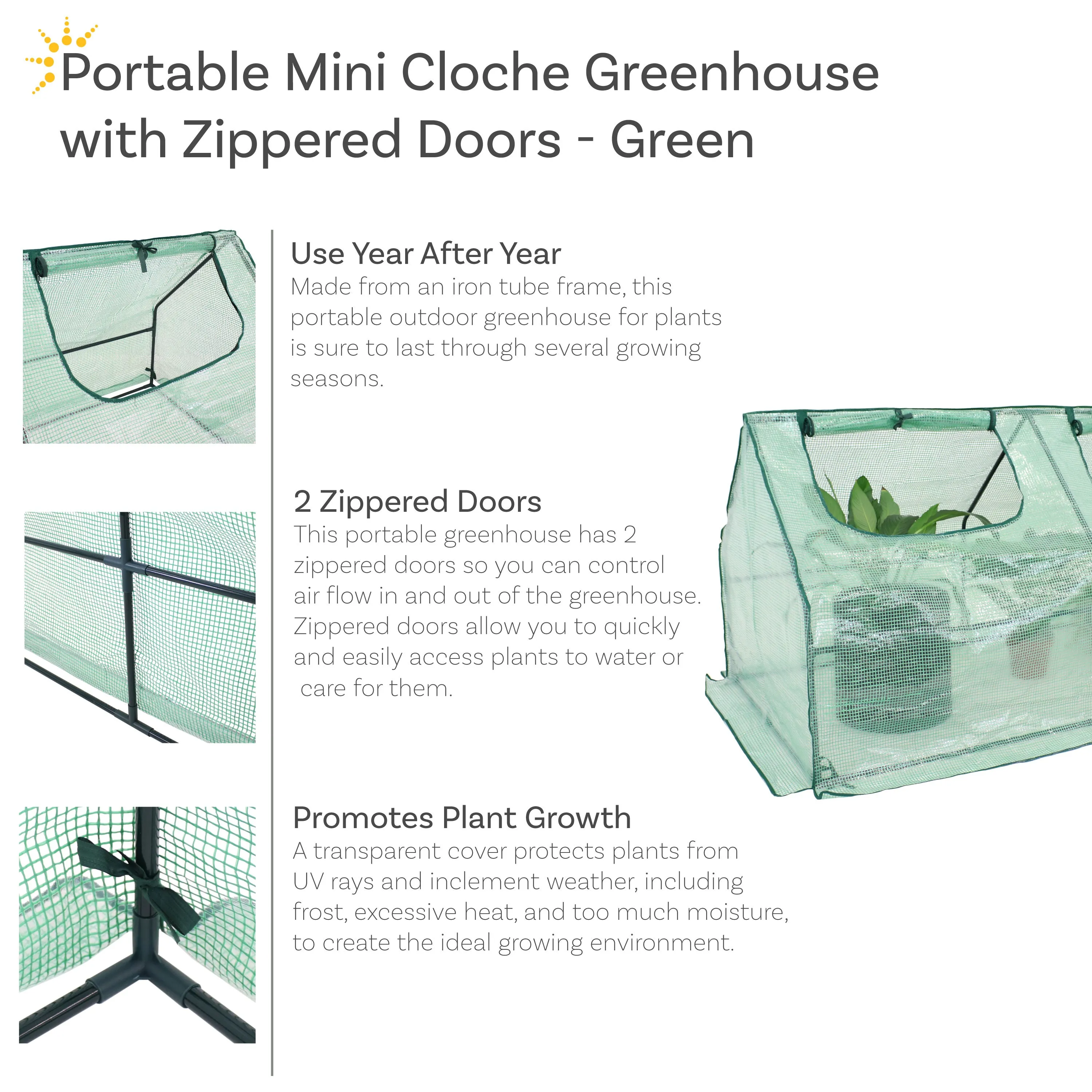 Sunnydaze Portable Mini Cloche Greenhouse with Zipper Doors - Green