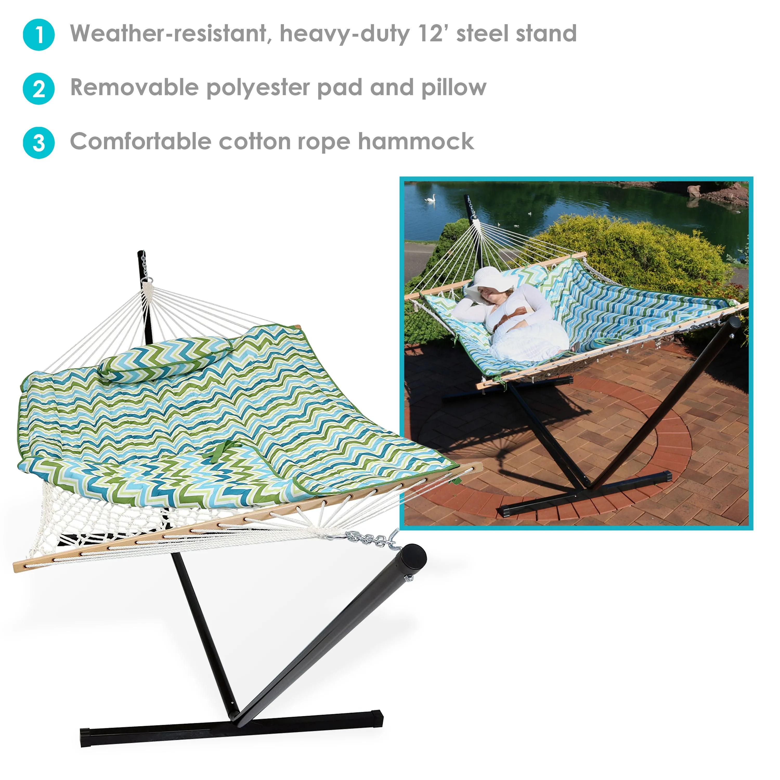 Sunnydaze Rope Hammock with 12' Steel Stand, Pad, and Pillow