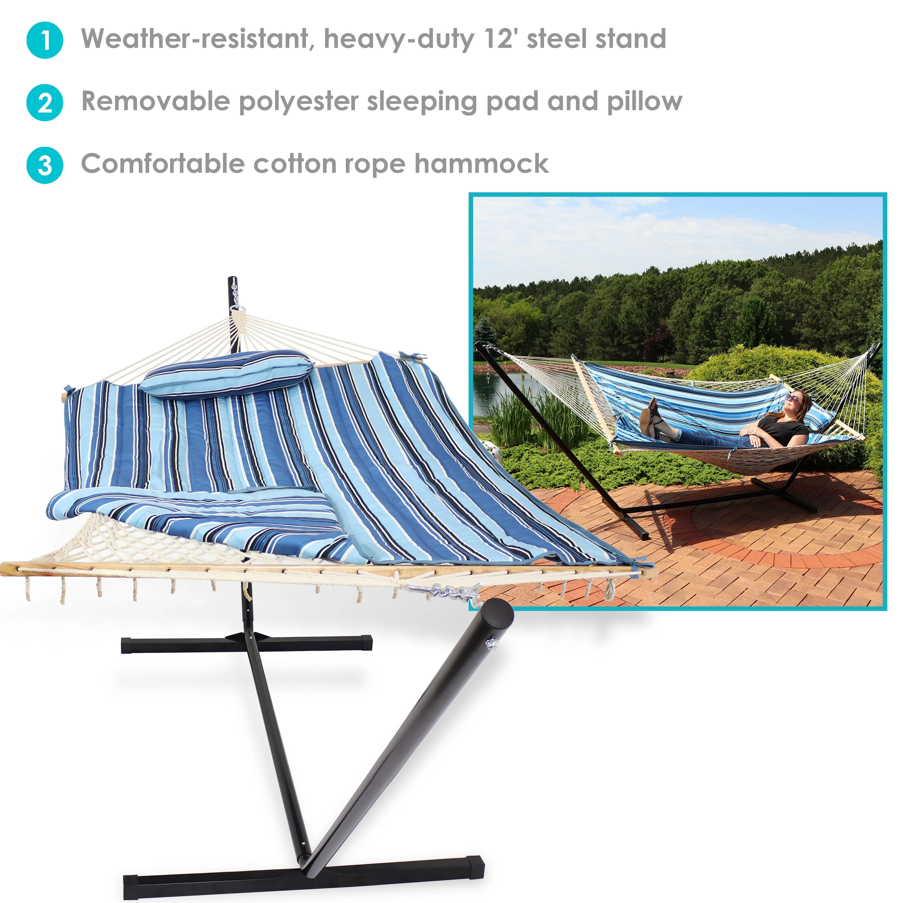 Sunnydaze Rope Hammock with 12' Steel Stand, Pad, and Pillow