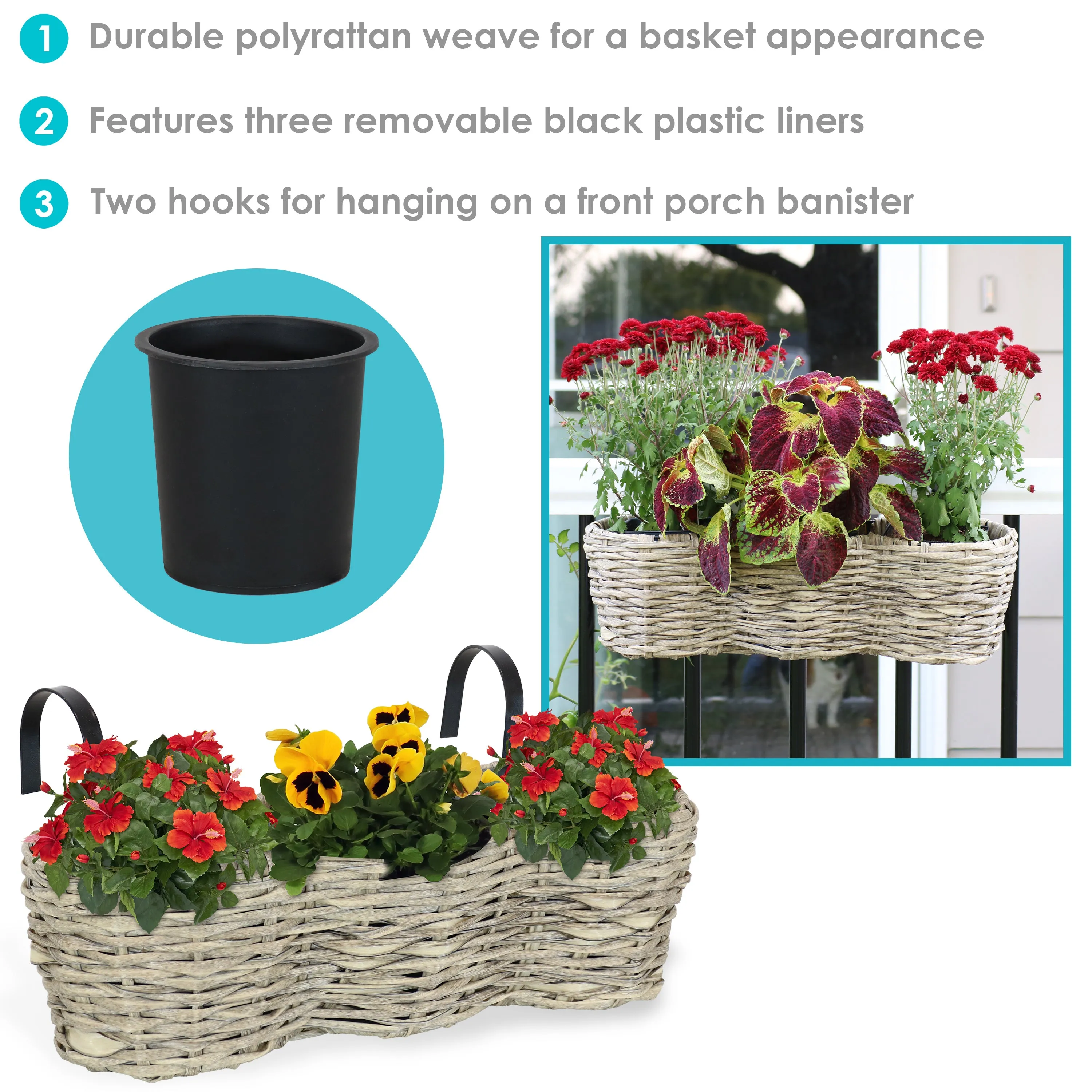 Sunnydaze Round Polyrattan 3-Section Over-the-Rail Planter