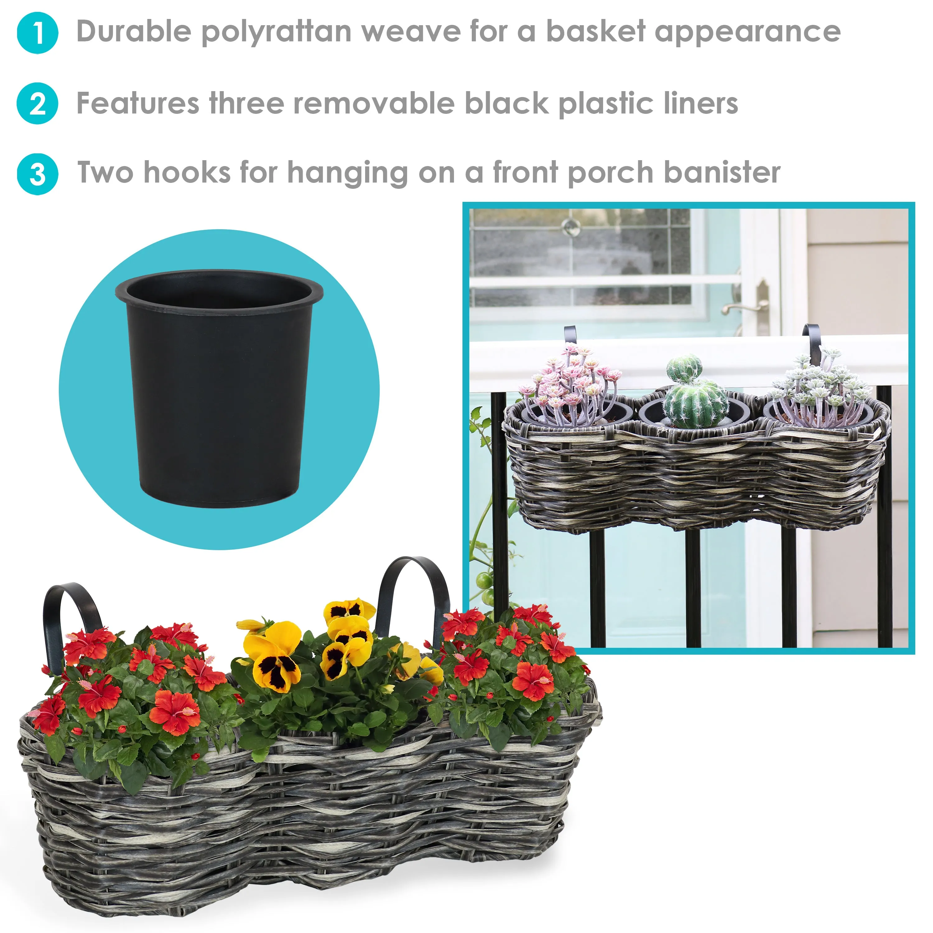 Sunnydaze Round Polyrattan 3-Section Over-the-Rail Planter