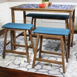 Sunnydaze Set of 2 Counter-Height Stools - Weathered Oak Finish with Blue Cushions