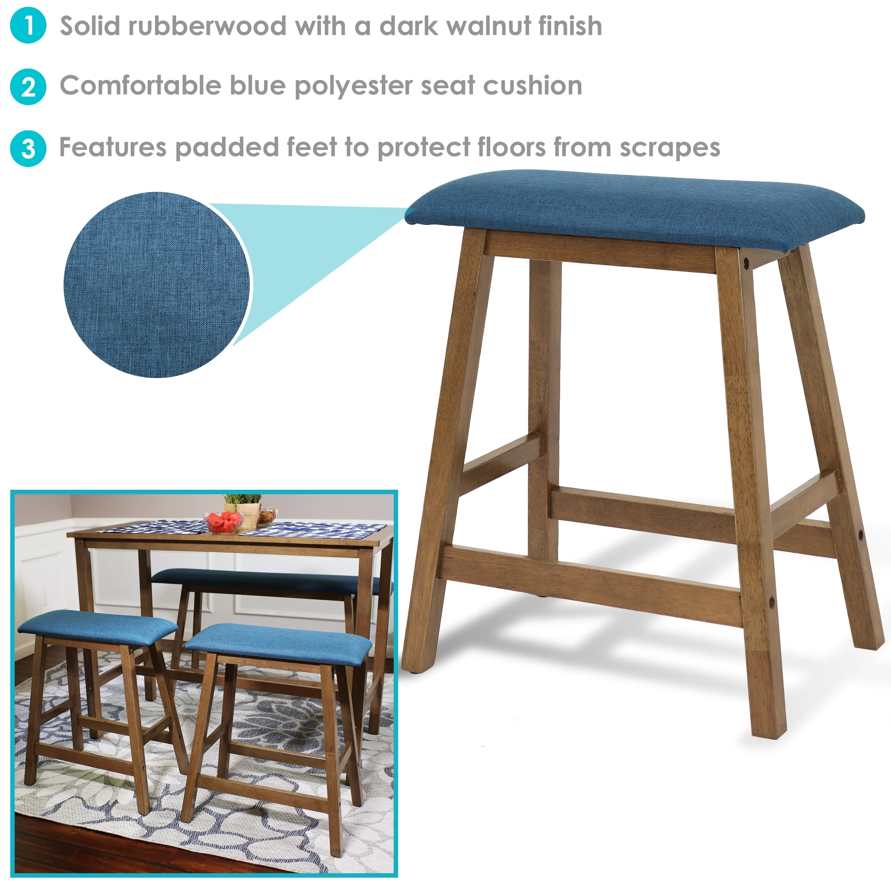 Sunnydaze Set of 2 Counter-Height Stools - Weathered Oak Finish with Blue Cushions