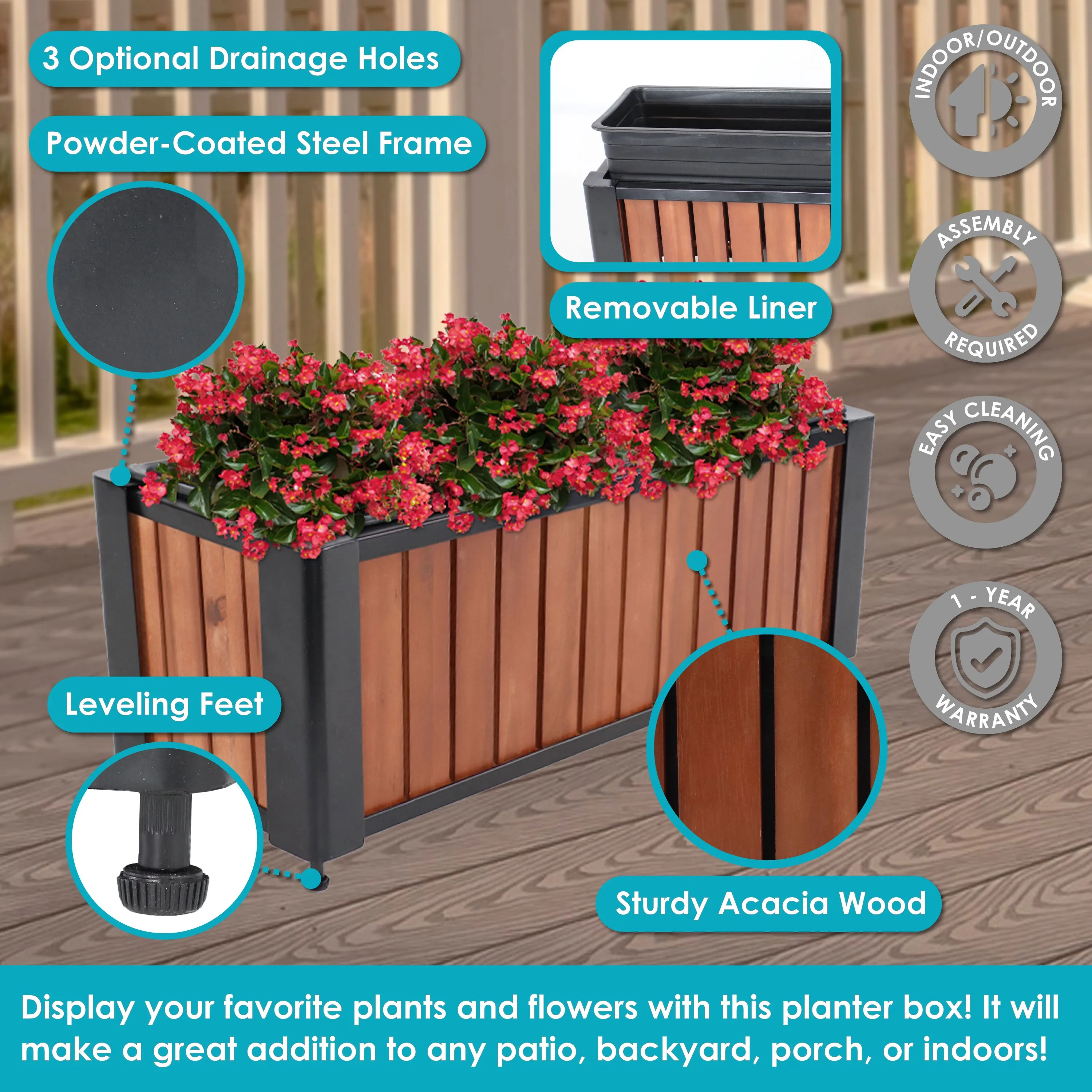 Sunnydaze Slatted Wood Planter Box with Removable Insert - 14.75” H