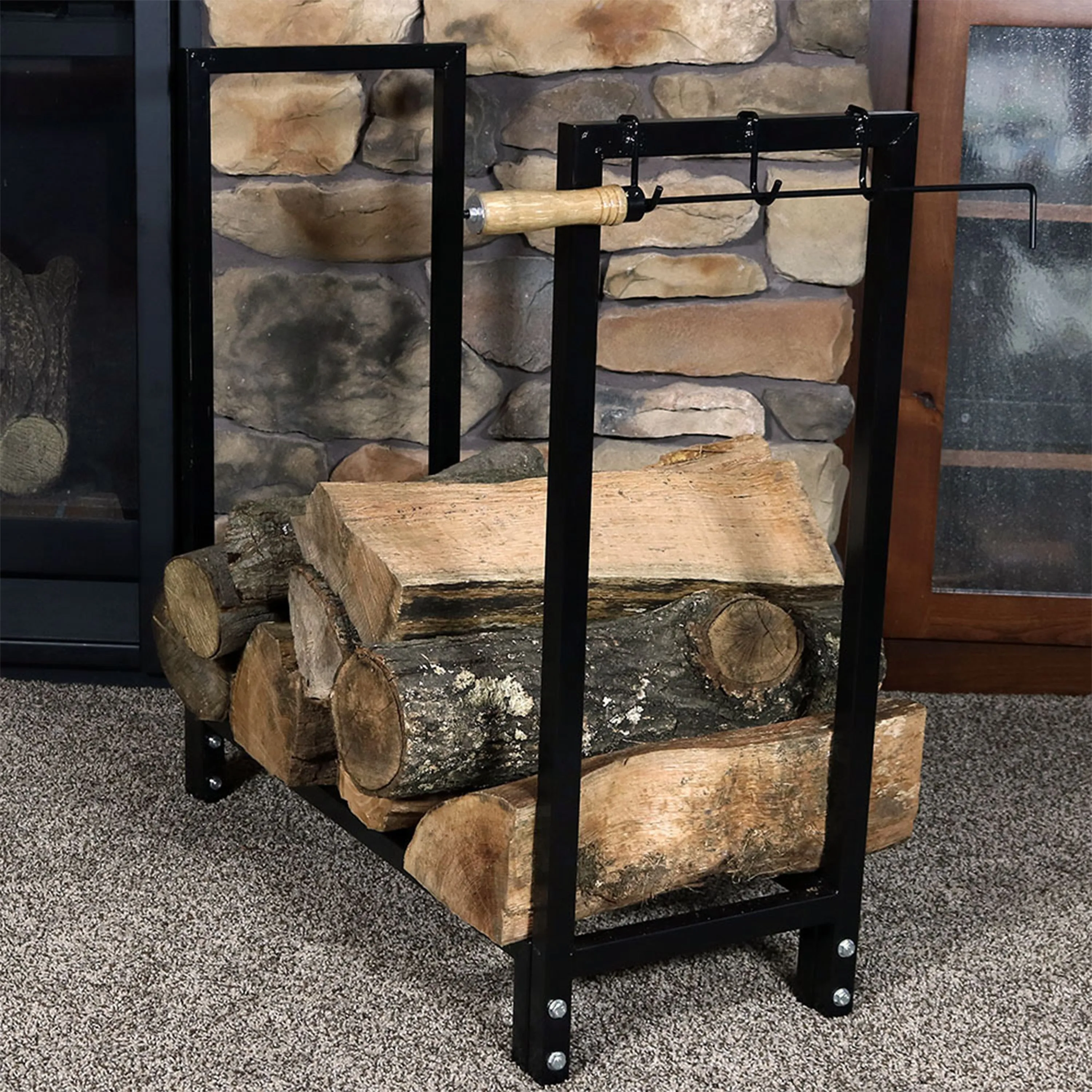 Sunnydaze Steel Firewood Log Rack with Cover - Black - 30"