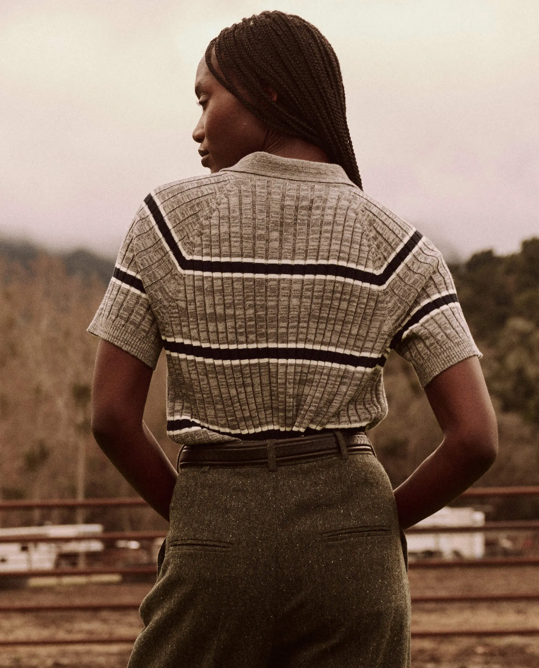 The Great Classic Polo Sweater in Heather Grey Stripe