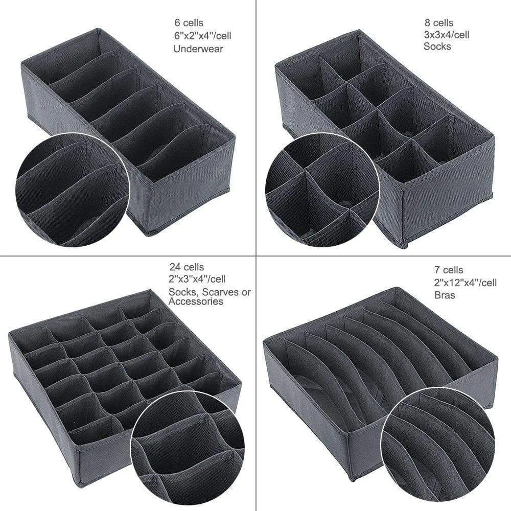 Titan Mall Closet Underwear Organizer Drawer, Foldable Storage Box Drawer Dividers, Dresser Drawer Organizers for Underwear Bras, Grey Set of 4 (Dark Grey)