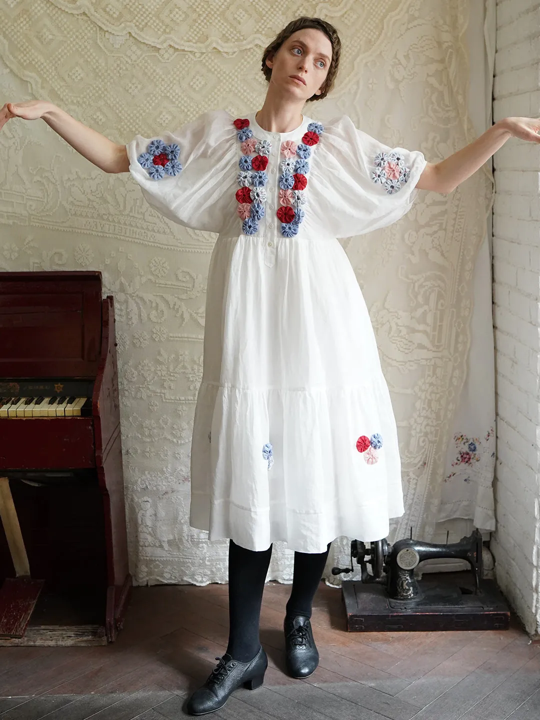 Unlogical Poem Folk Style Handmade Yoyo Flower Ramie Dress