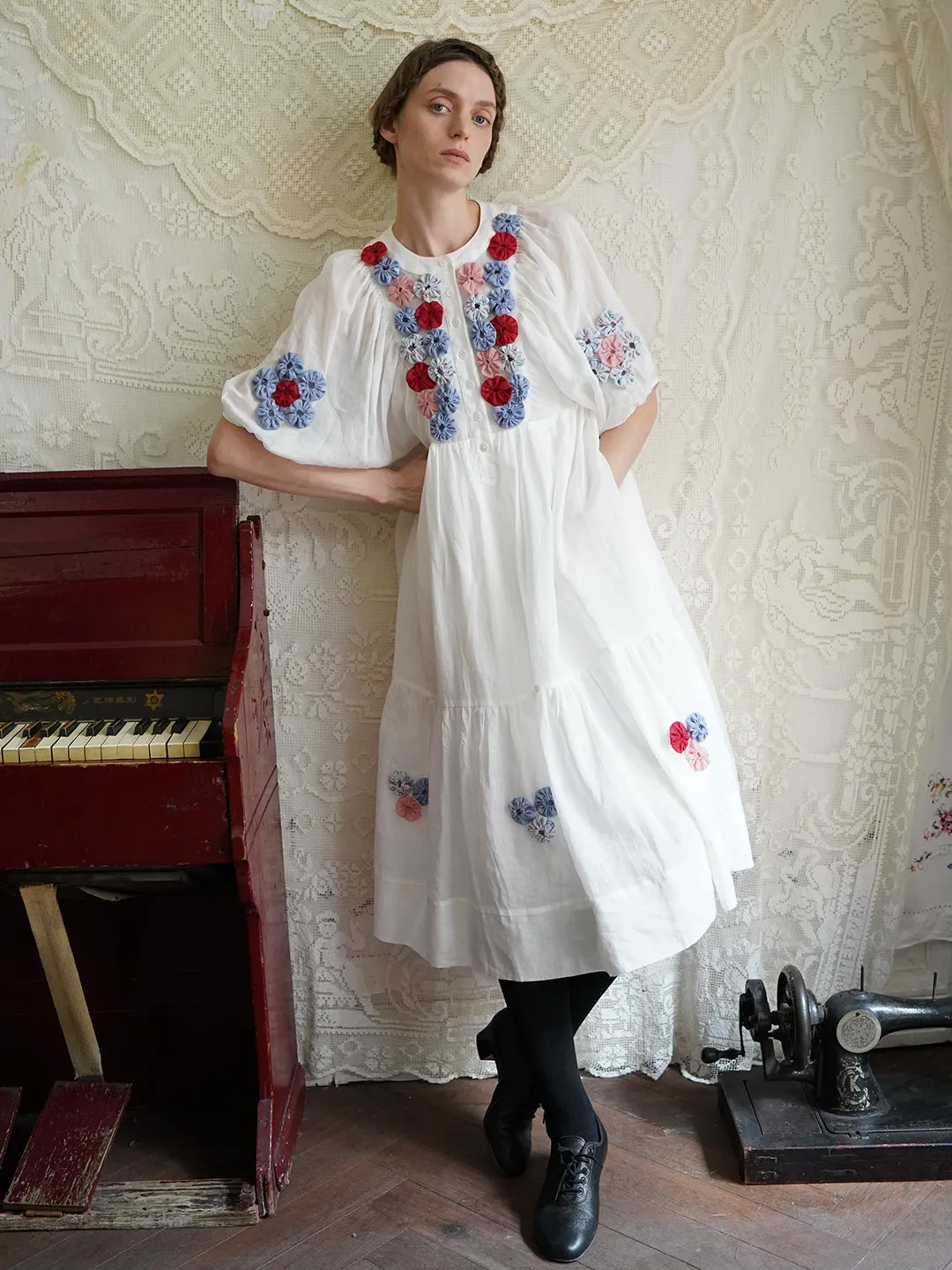 Unlogical Poem Folk Style Handmade Yoyo Flower Ramie Dress