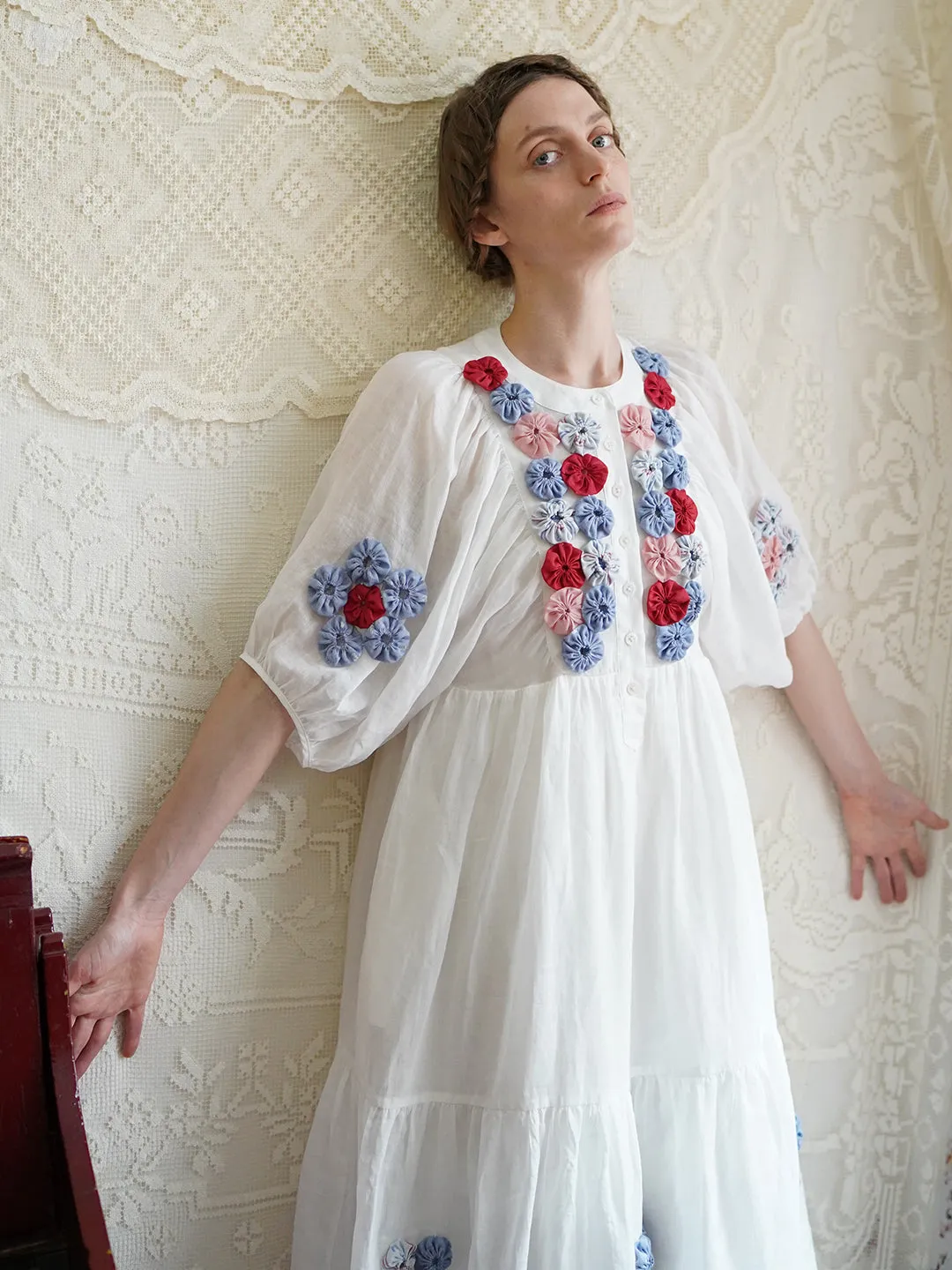 Unlogical Poem Folk Style Handmade Yoyo Flower Ramie Dress