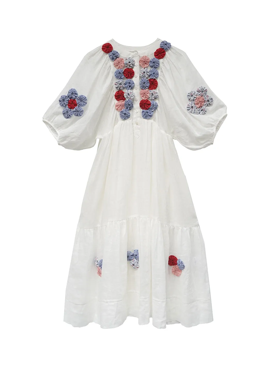 Unlogical Poem Folk Style Handmade Yoyo Flower Ramie Dress