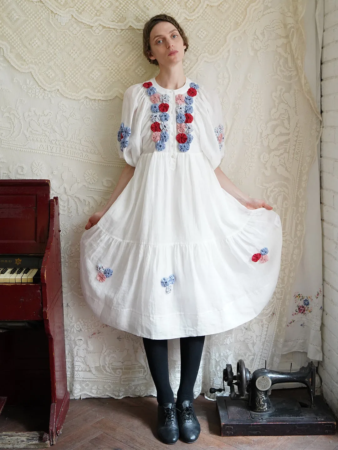 Unlogical Poem Folk Style Handmade Yoyo Flower Ramie Dress