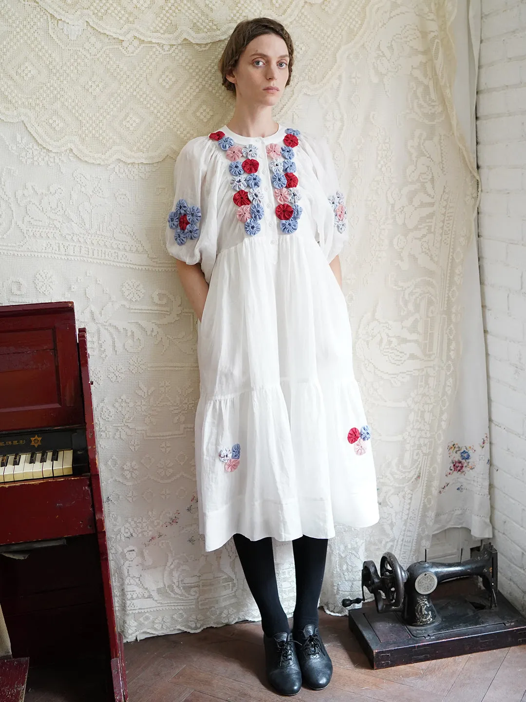 Unlogical Poem Folk Style Handmade Yoyo Flower Ramie Dress