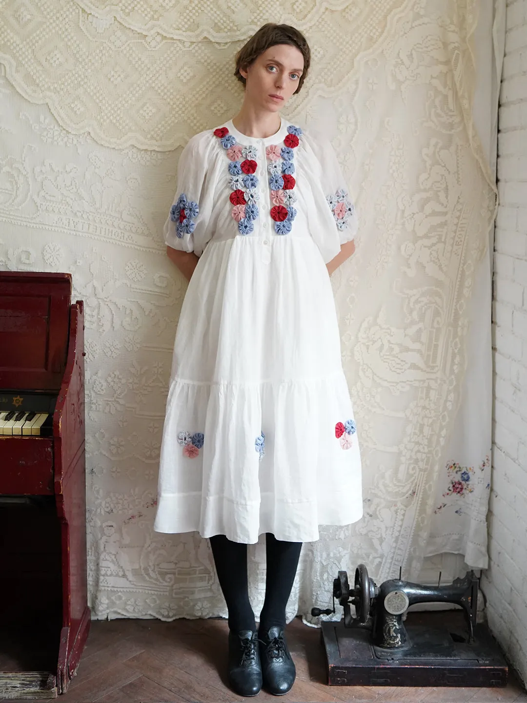 Unlogical Poem Folk Style Handmade Yoyo Flower Ramie Dress