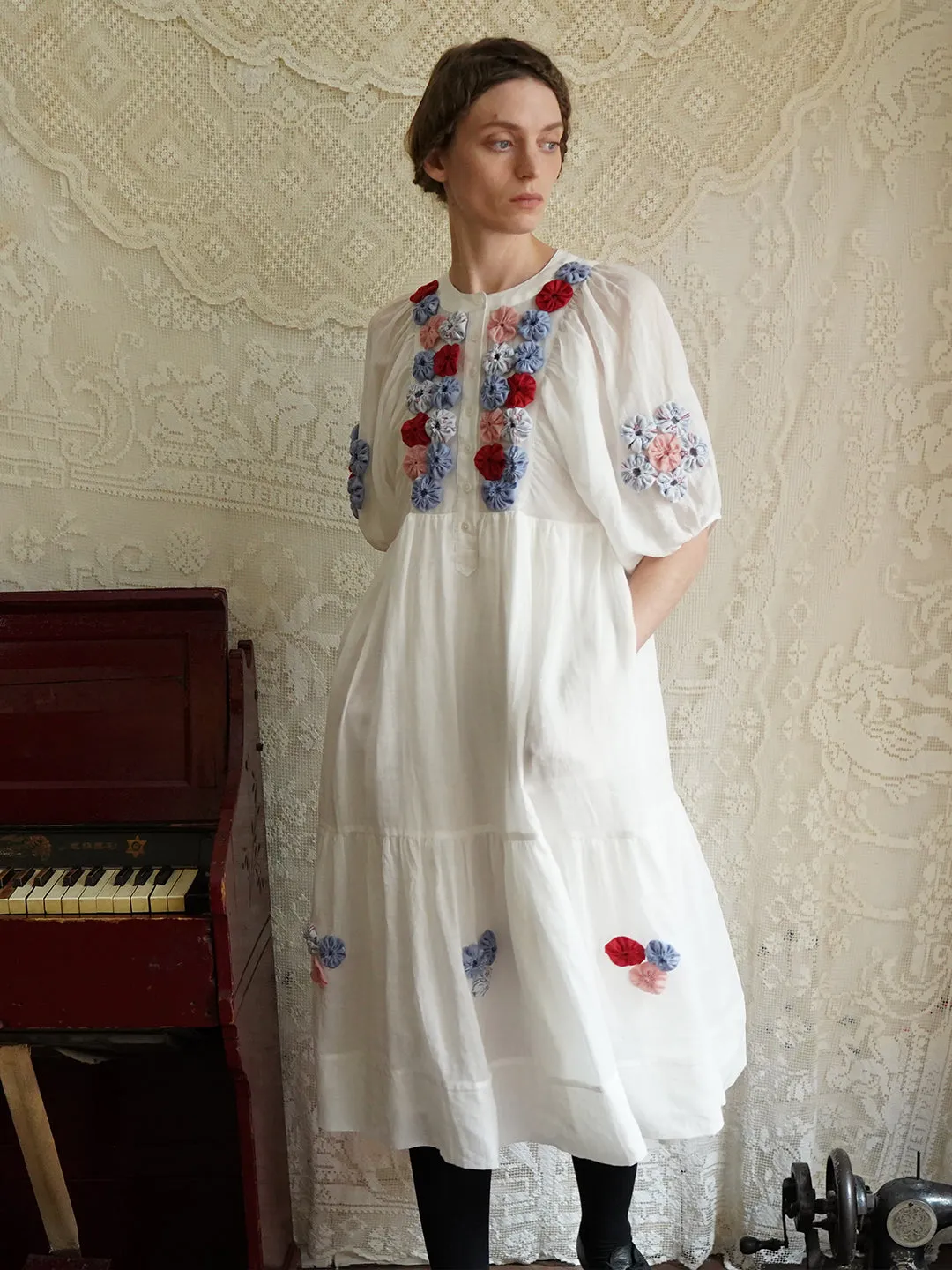 Unlogical Poem Folk Style Handmade Yoyo Flower Ramie Dress