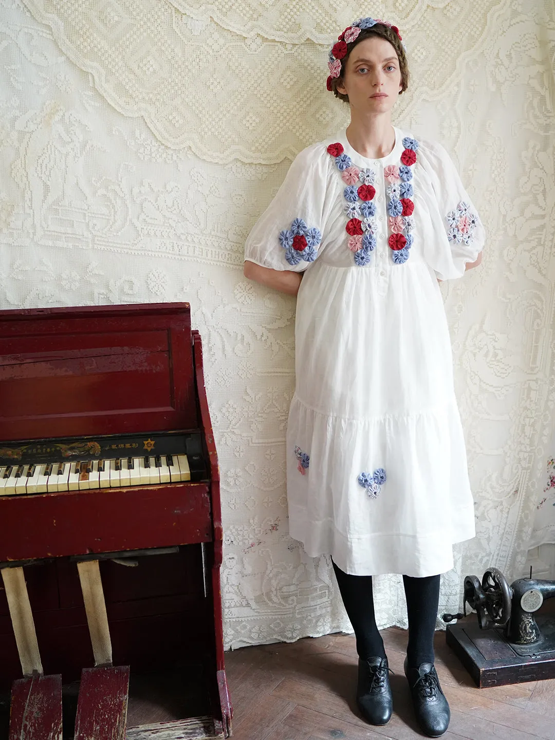 Unlogical Poem Folk Style Handmade Yoyo Flower Ramie Dress