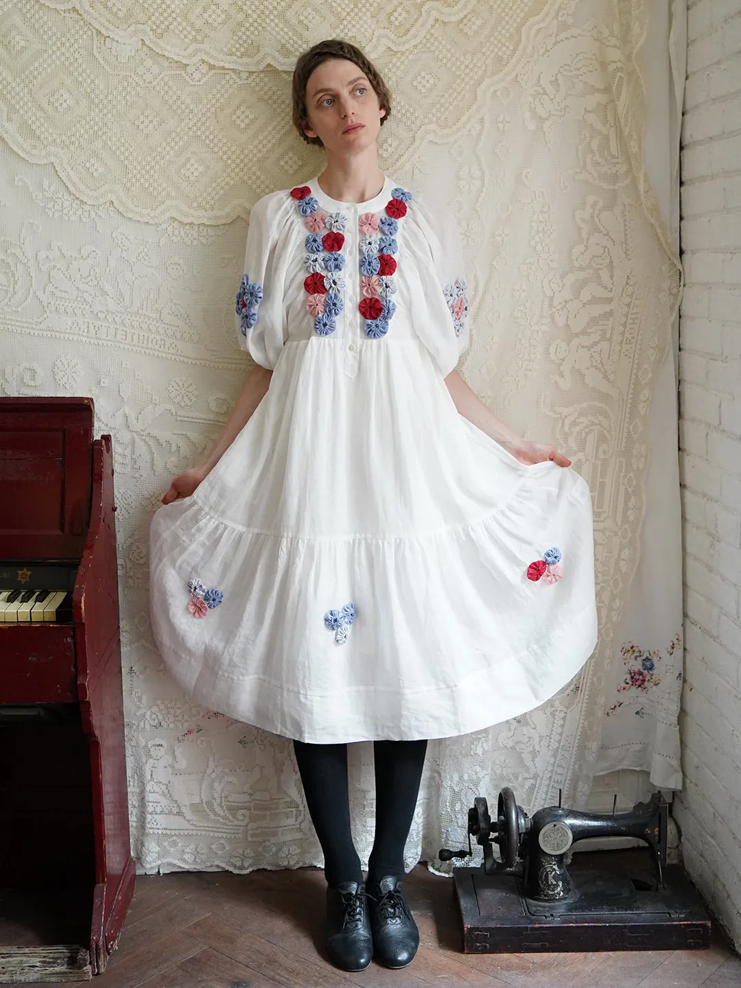 Unlogical Poem Folk Style Handmade Yoyo Flower Ramie Dress