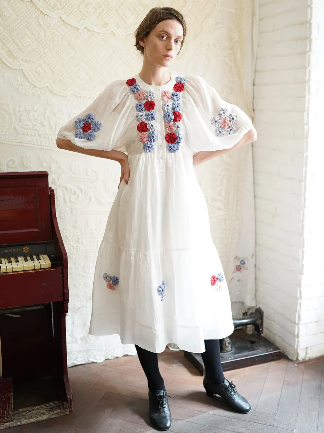 Unlogical Poem Folk Style Handmade Yoyo Flower Ramie Dress