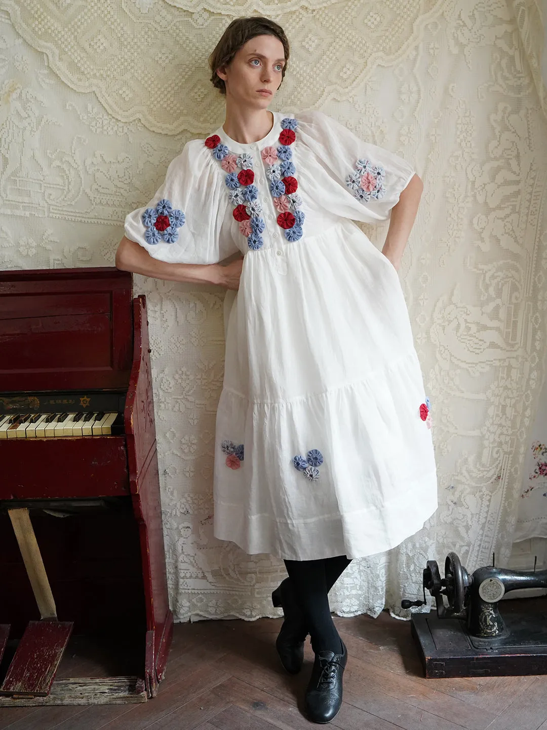 Unlogical Poem Folk Style Handmade Yoyo Flower Ramie Dress