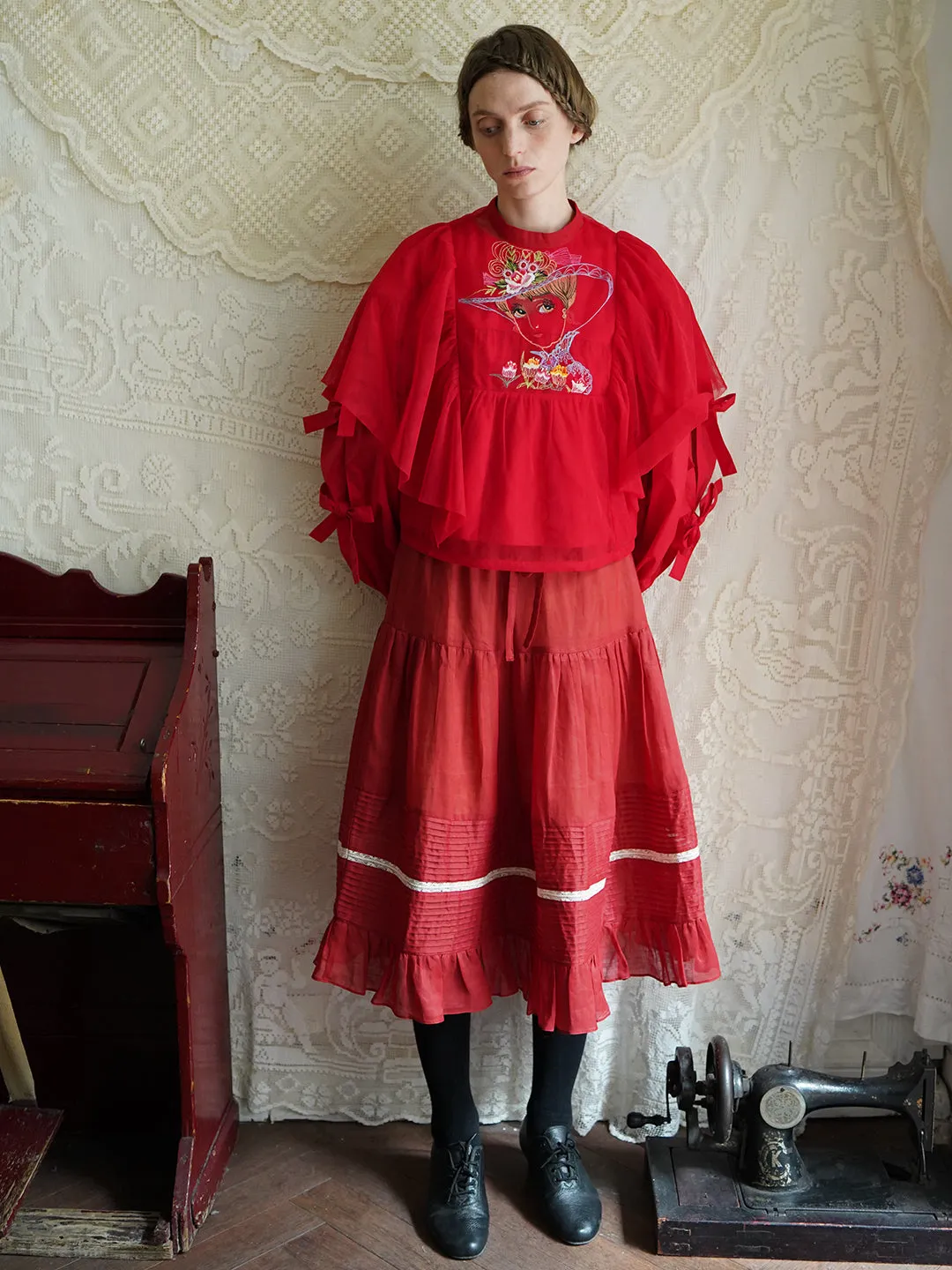 Unlogical Poem Retro Style Pleated Red/Pink Ramie Skirt