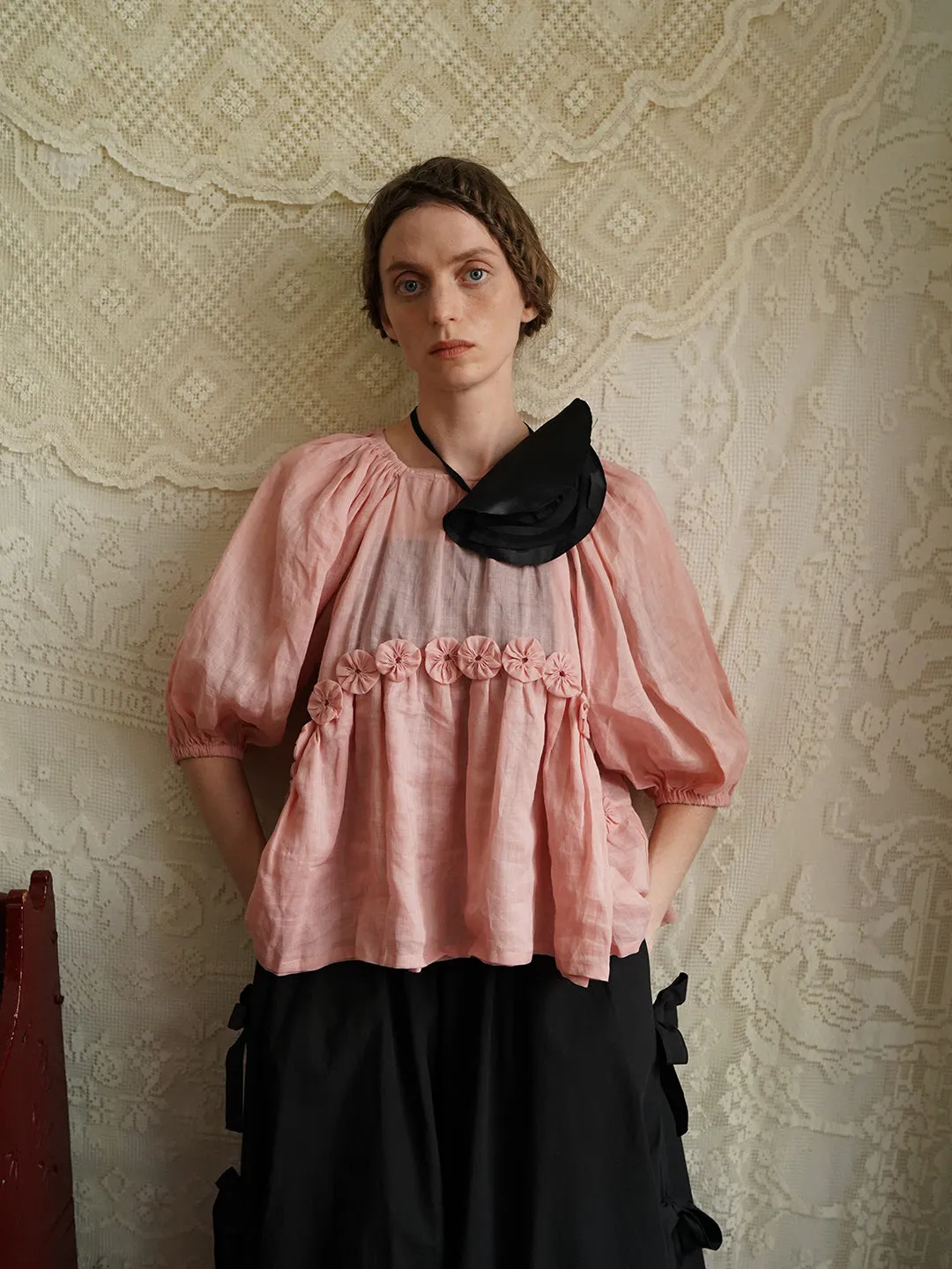 Unlogical Poem Victorian Style Handmade Yoyo Flower Pink Ramie Top