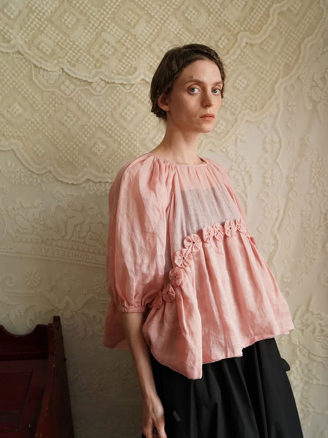 Unlogical Poem Victorian Style Handmade Yoyo Flower Pink Ramie Top