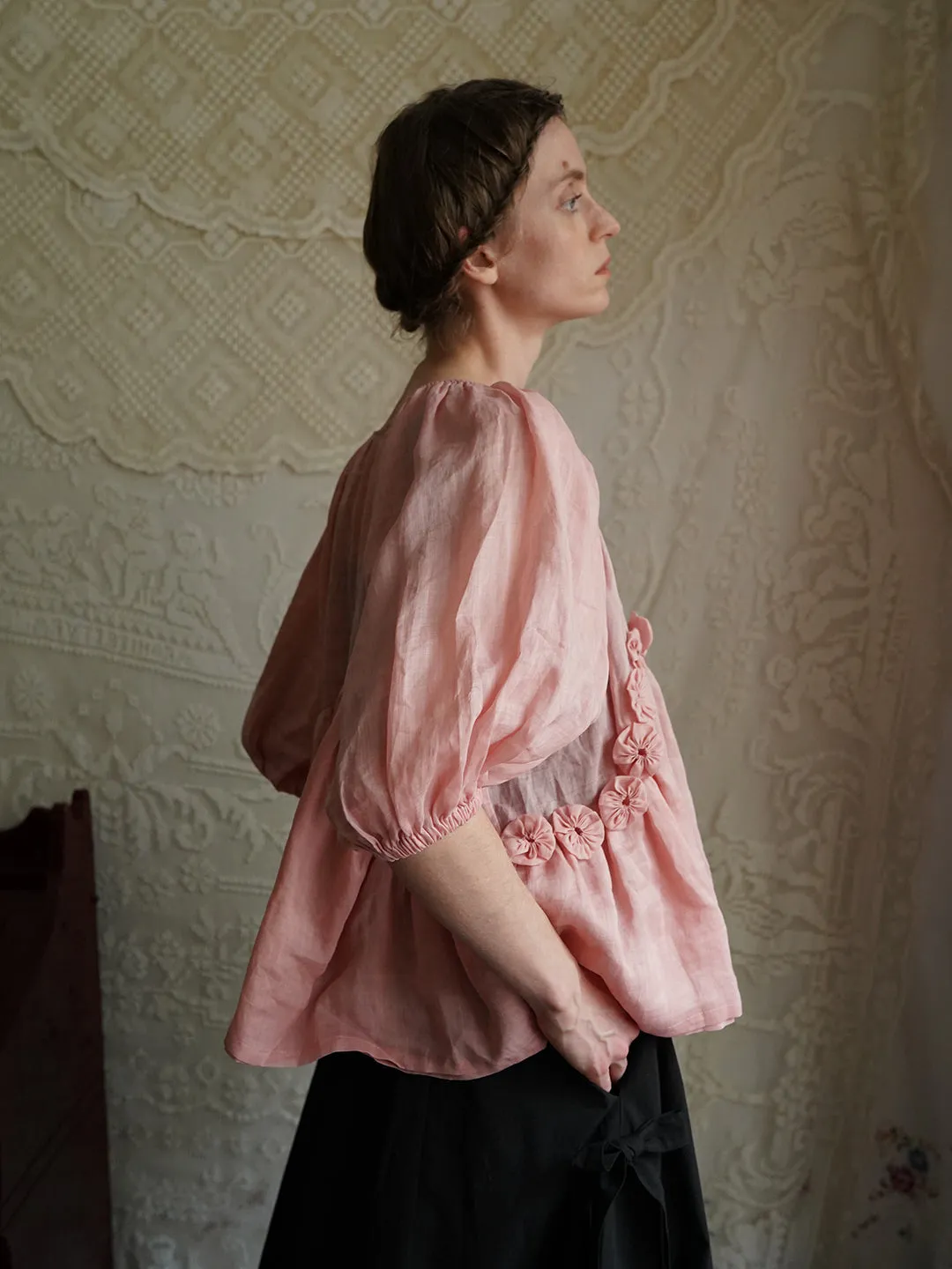 Unlogical Poem Victorian Style Handmade Yoyo Flower Pink Ramie Top